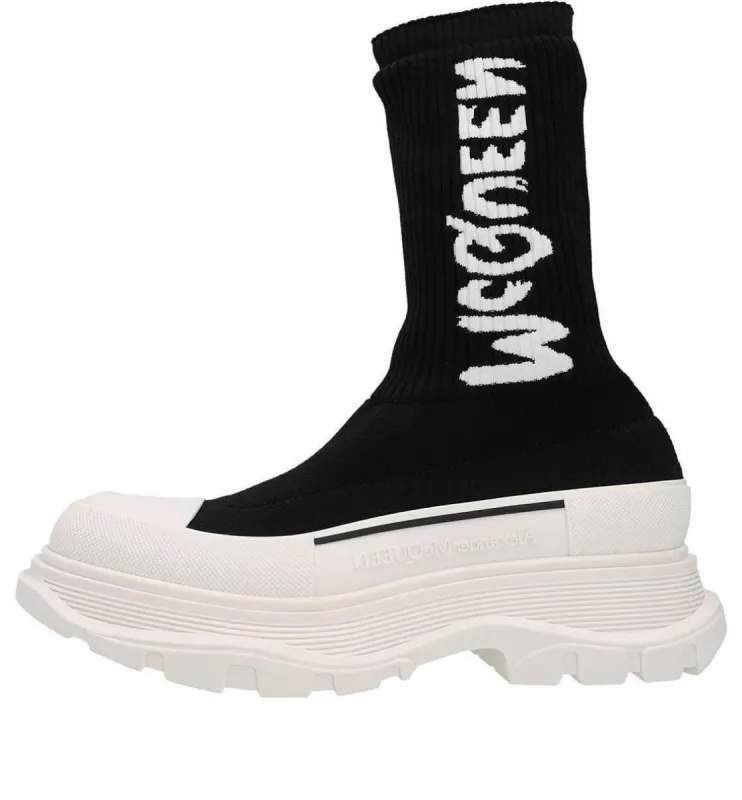 (WMNS) Alexander McQueen Tread Slick Knitted Boots 'Black White' 708096W4U511041 sold by KicksCrew