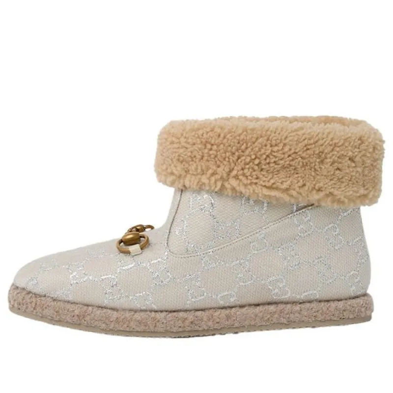 (WMNS) GUCCI Canvas Wool Lame GG Monogram Fria Horsebit Ankle Boots 'Gardenia Silver' 629086-2C810-9152 sold by KicksCrew