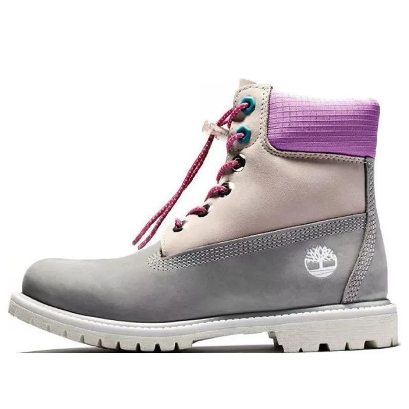 (WMNS) Timberland Valentines Day 6 Inch Premium Waterproof Boots 'Grey and Beige Nubuck with Purple Collar' A2MC1030 sold by KicksCrew