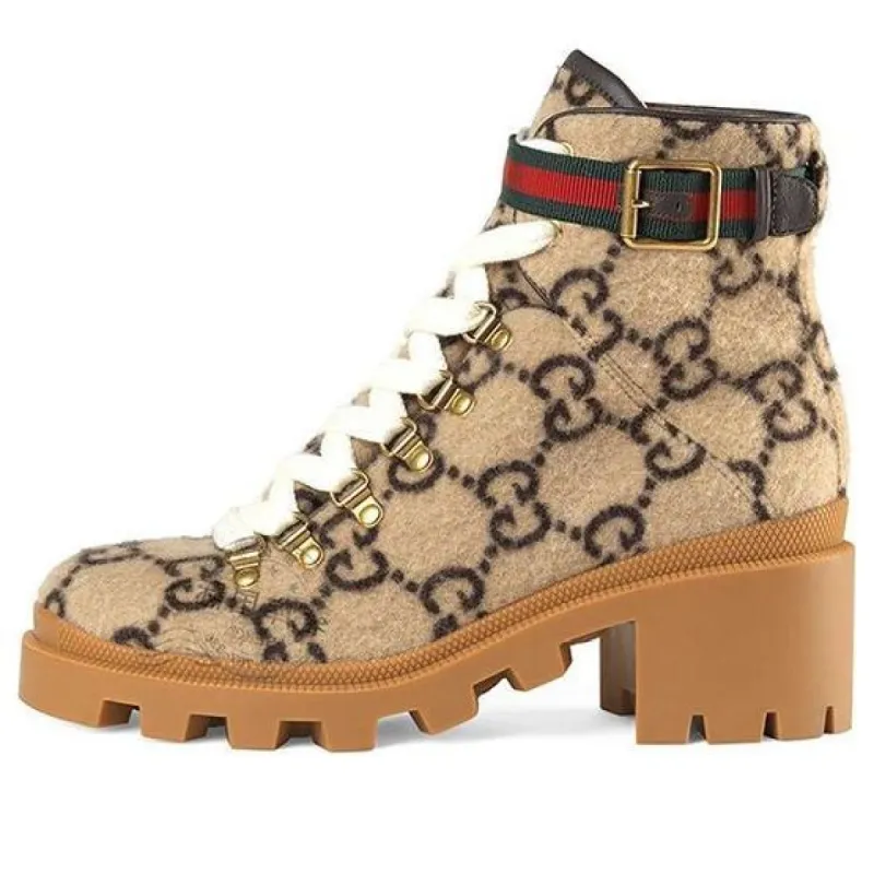(WMNS) Gucci GG Monogram Lace Up Combat Ankle Boots 'Beige' 578585-G38H0-9772 sold by KicksCrew