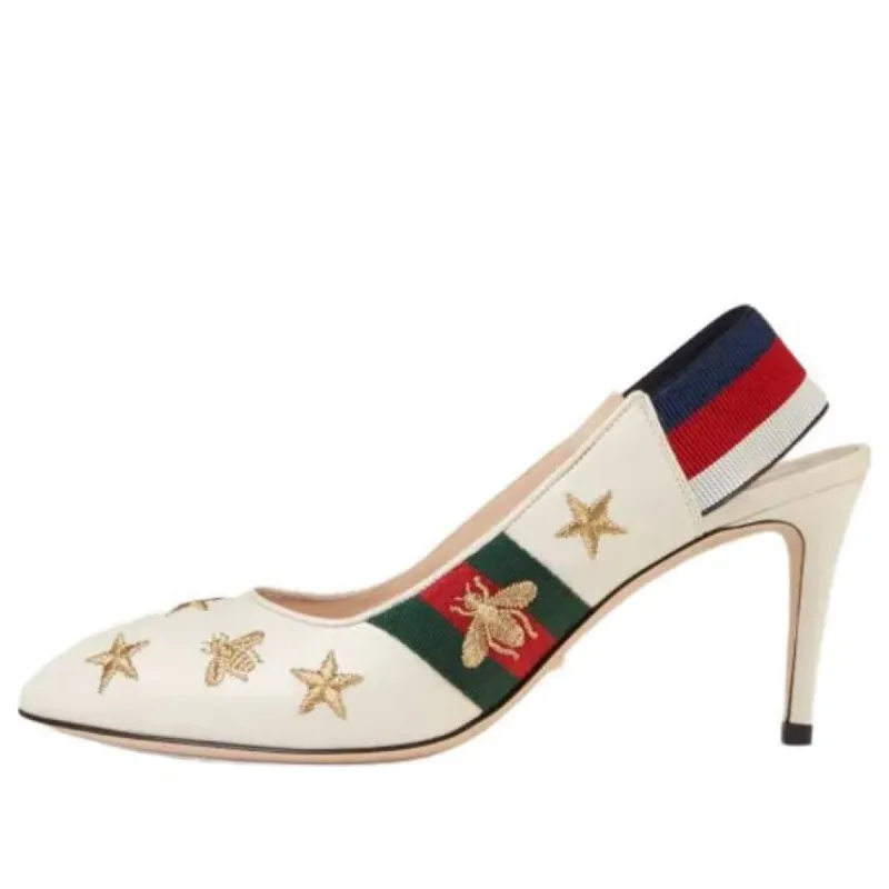 (WMNS) GUCCI Bee Star Embroidered Leather Web Sylvie Slingback Pumps 'White' 552039-0G0U0-9084 sold by KicksCrew