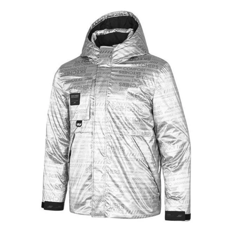 Skechers Letter Printed Hooded Down Jacket 'Silver Black' P421M037 sold by KicksCrew