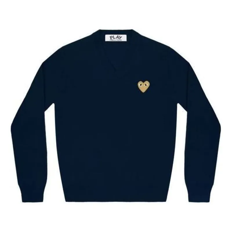 (WMNS) COMME des GARCONS PLAY V-Neck Pullover Gold Emblem 'Navy' AZ-N047-051-2 sold by KicksCrew