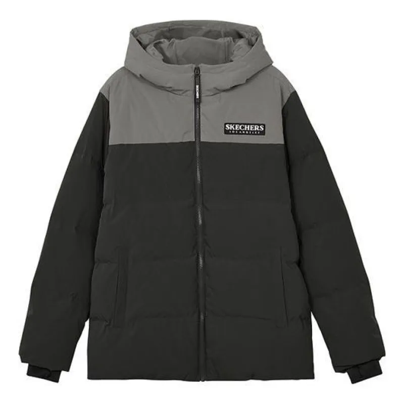 Skechers Contrast Color Letter Printed Hooded Down Jacket 'Black Grey' L321M190 sold by KicksCrew