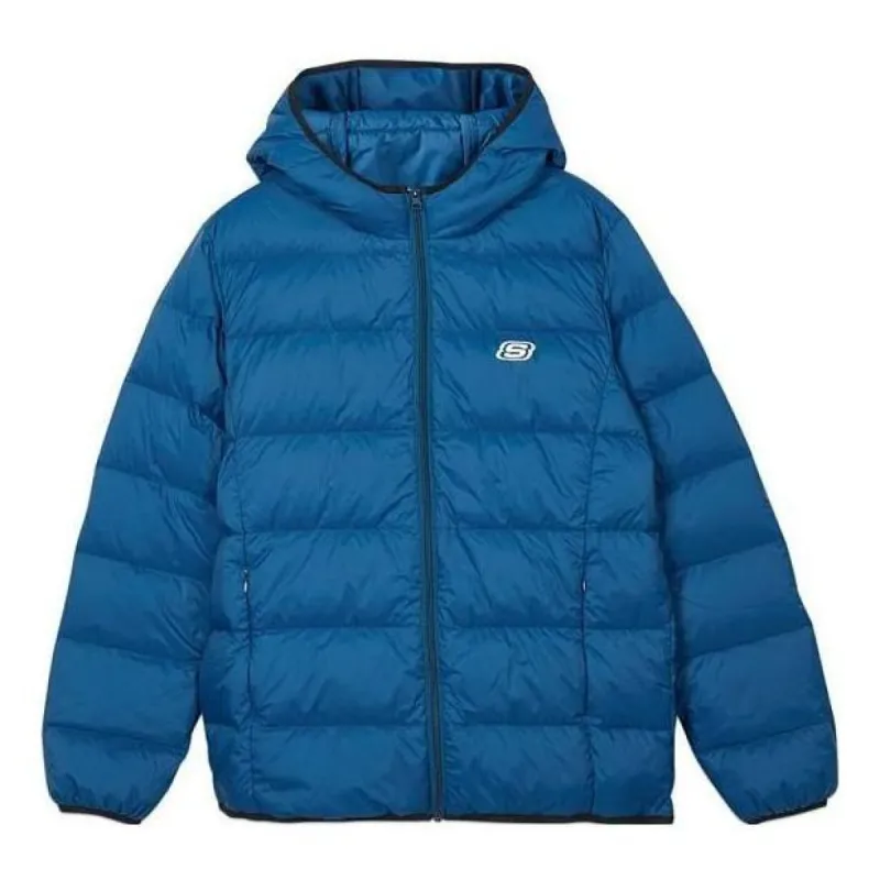 Skechers Solid Logo Printed Short Hooded Down Jacket 'Blue Teal Green' L421M105 sold by KicksCrew