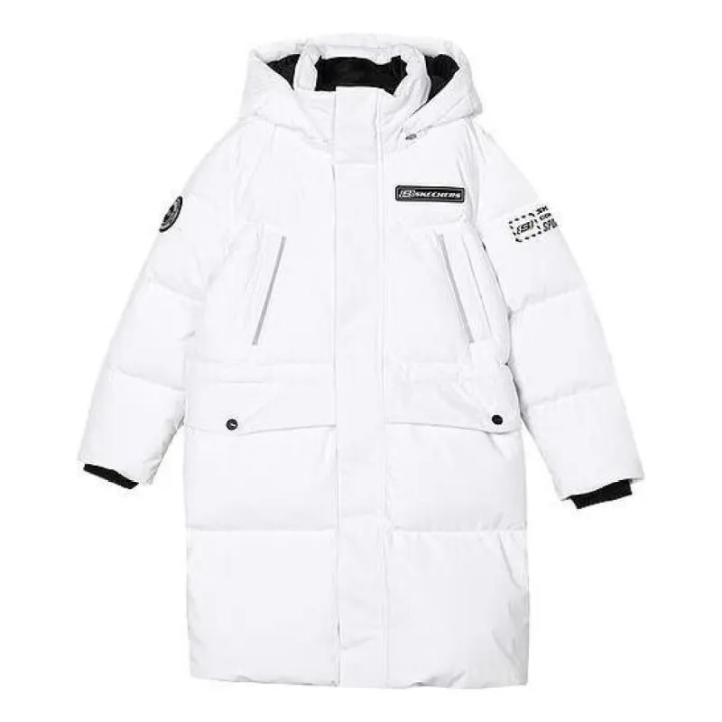 (GS) Skechers SKX Hooded Long Down Jacket 'White Black' P423B014-0019 sold by KicksCrew