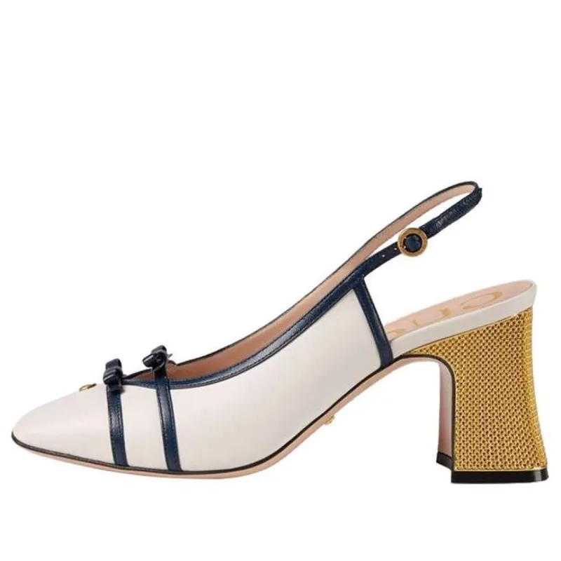 (WMNS) GUCCI Leather Mid-Heel Slingback Pumps With Block heel 'White Navy' 608932-C9D10-9068 sold by KicksCrew