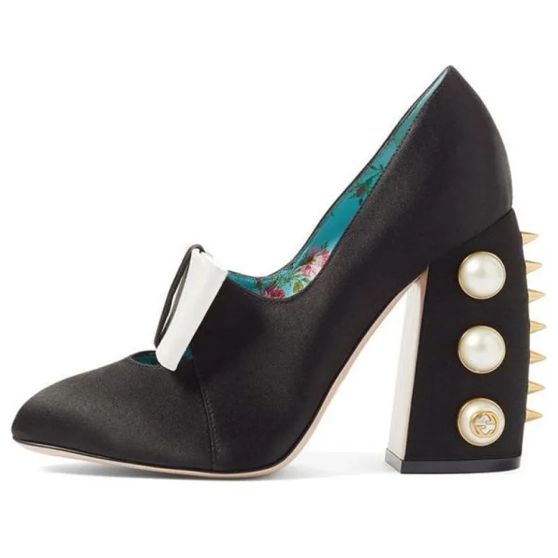 (WMNS) GUCCI Silk Satin Pearl Studded Luna Bow Pumps 36 'Black Gold' 465985-F1430-1068 sold by KicksCrew