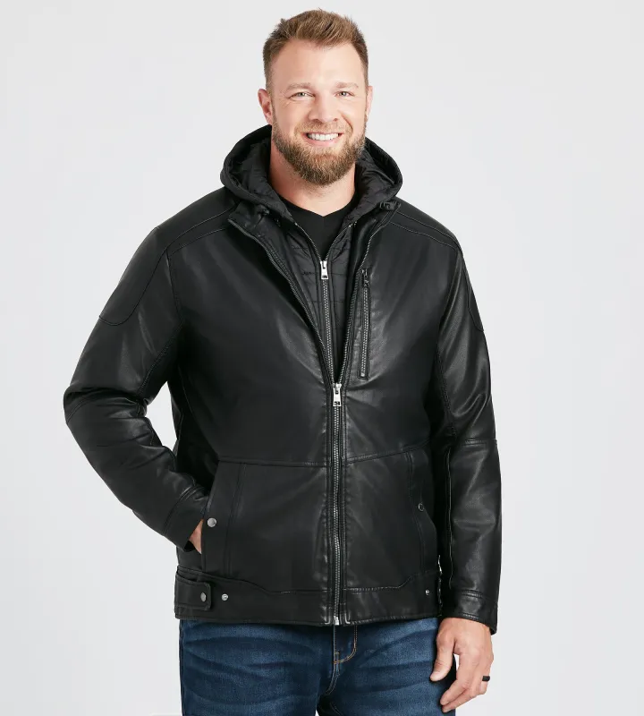 Vegan Leather Hooded Moto Jacket sold by George Richards