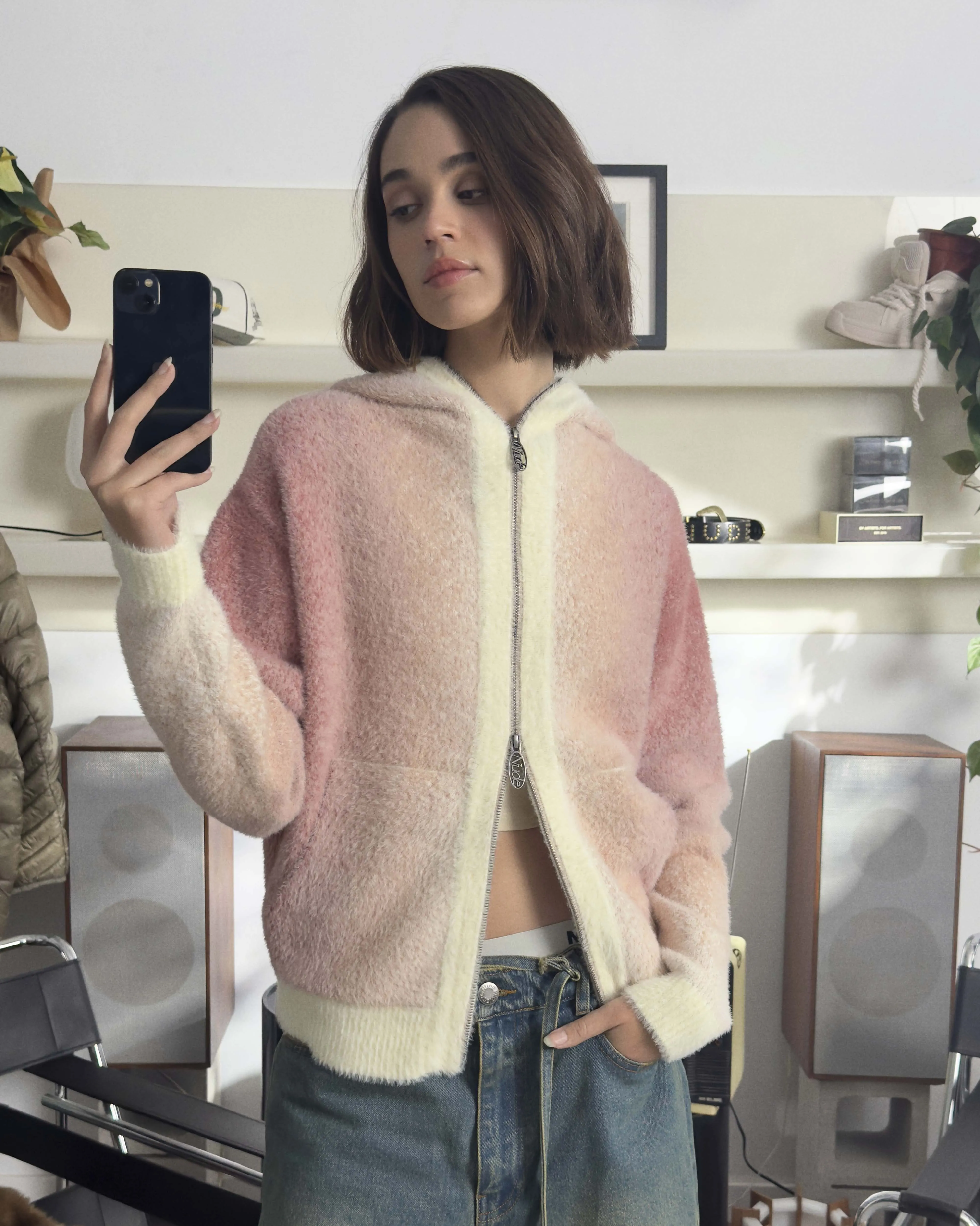 Gradient Zip-Up Knit Hoodie Pink | Parallel
