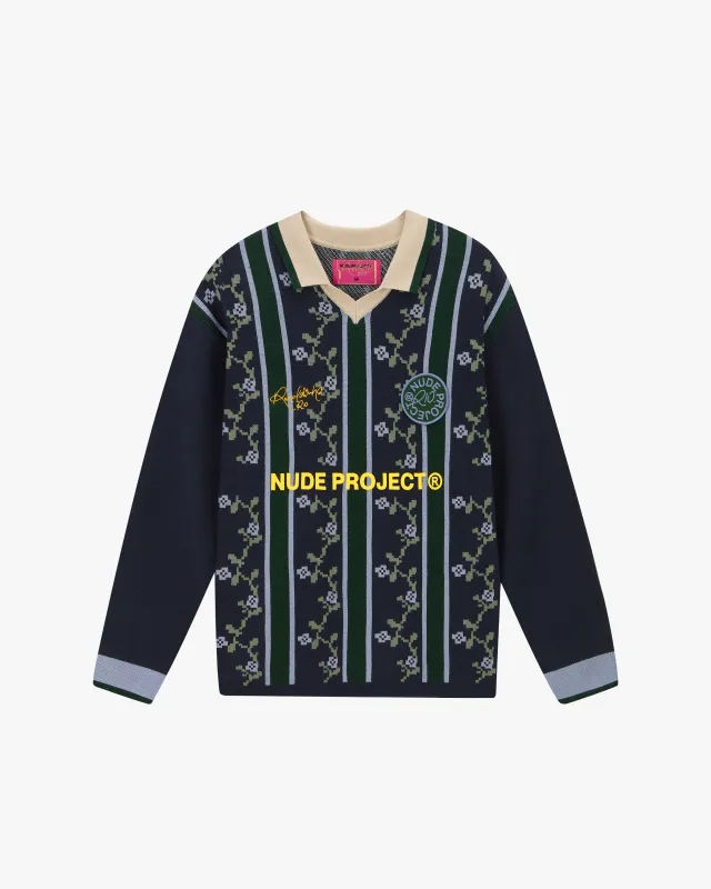 Rosel Football Polo Knit Navy sold by Nude Project