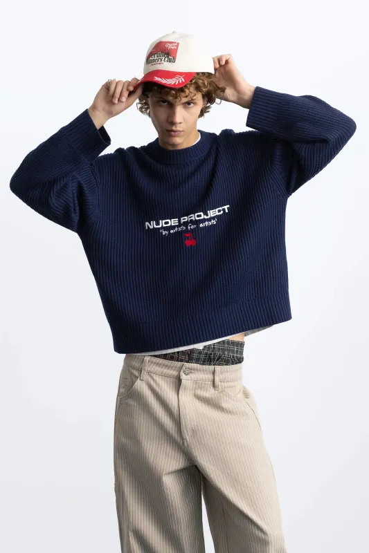 Wavy Knit Sweater Navy made by Nude Project