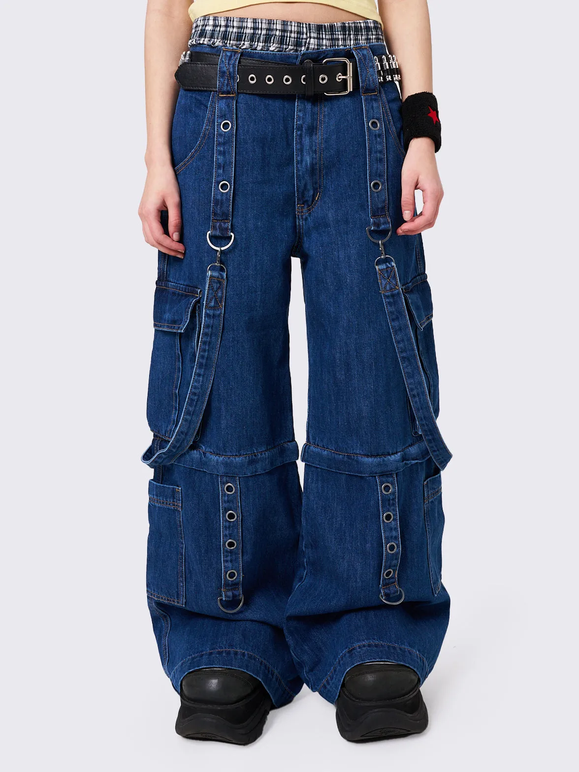 Trek Blue Wide Leg Cargo Jeans sold by Minga London