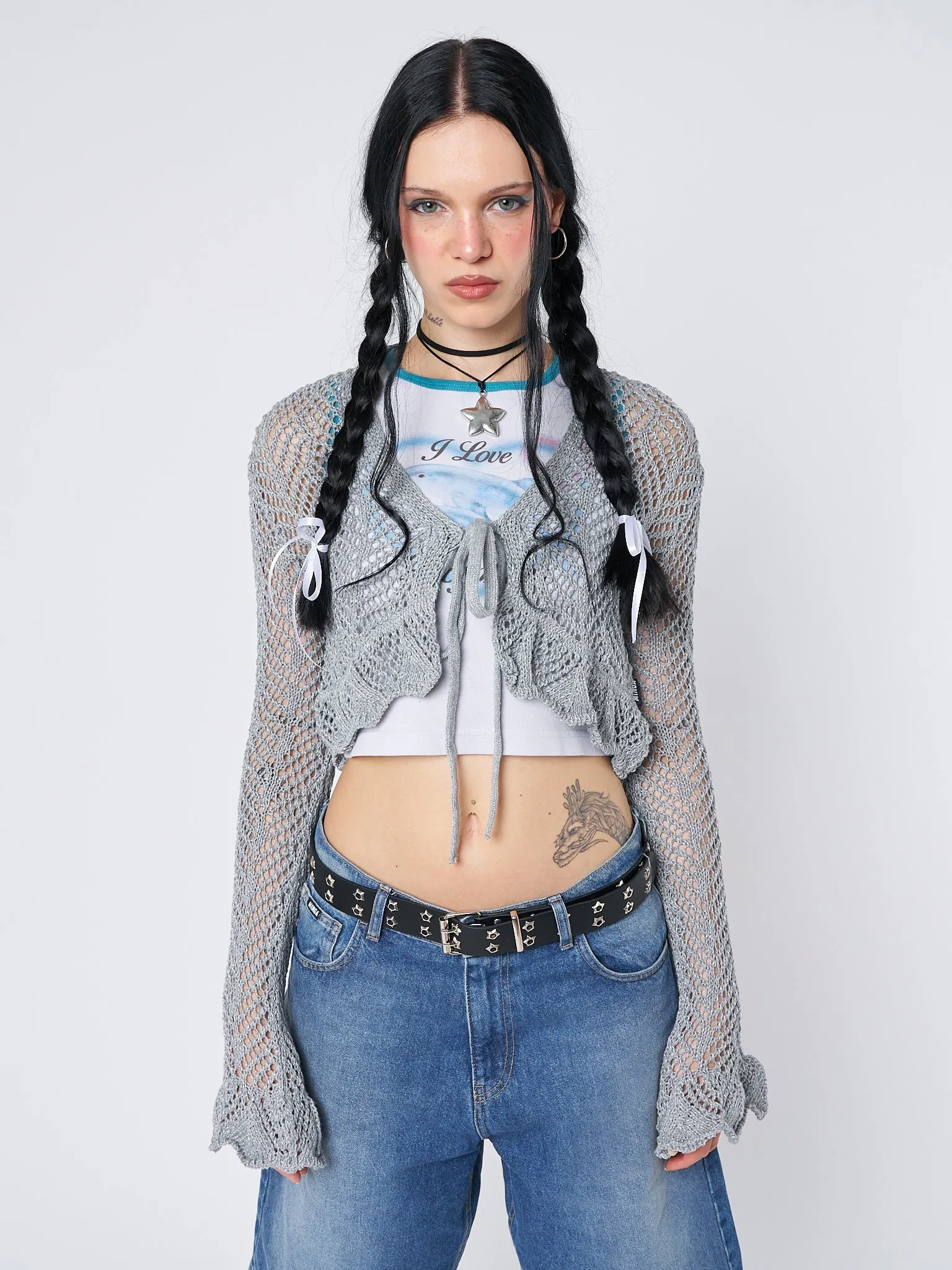 Analia Tie Front Frill Crochet Crop Cardigan sold by Minga London product image thumbnail 3