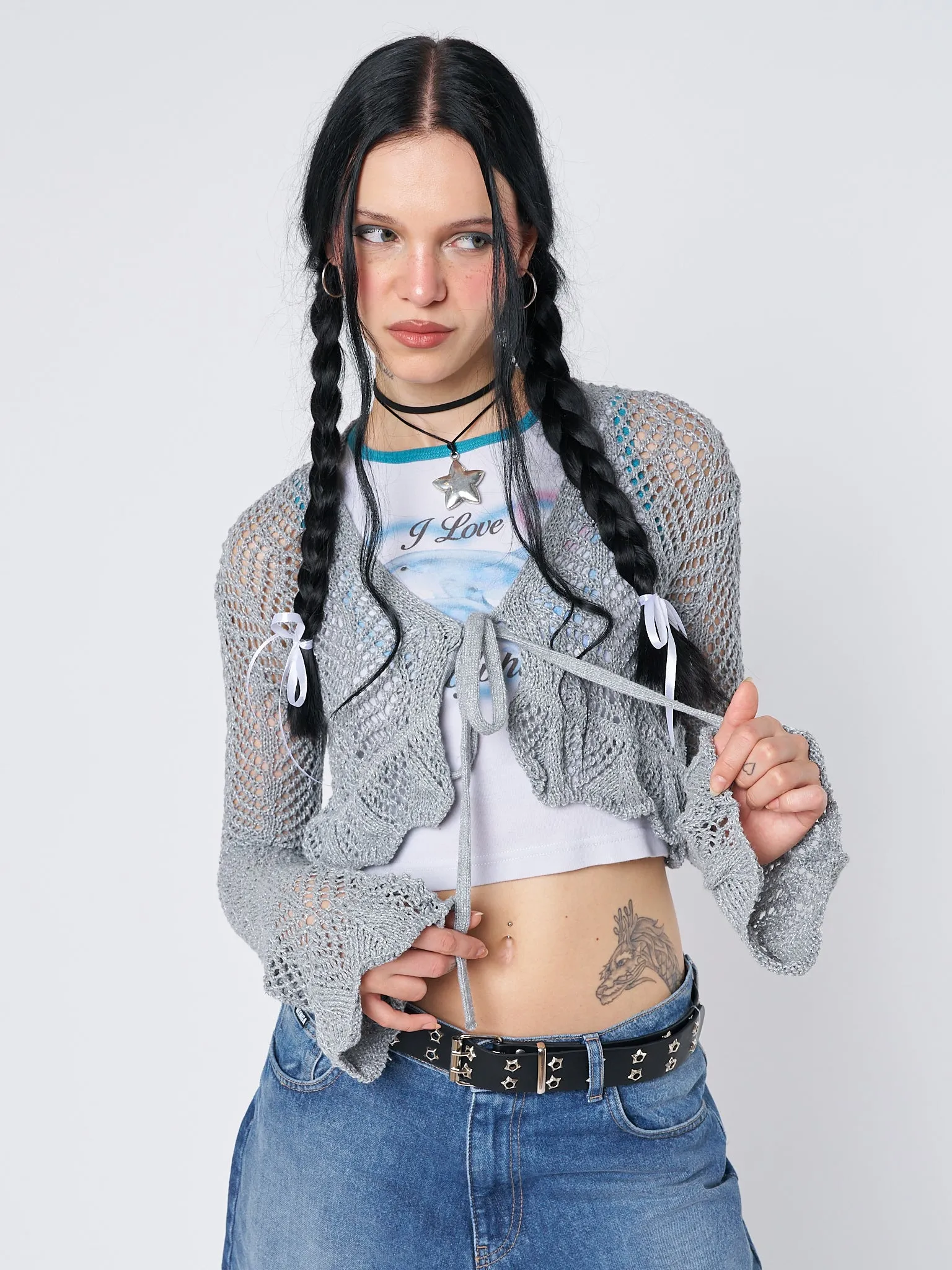 Analia Tie Front Frill Crochet Crop Cardigan sold by Minga London