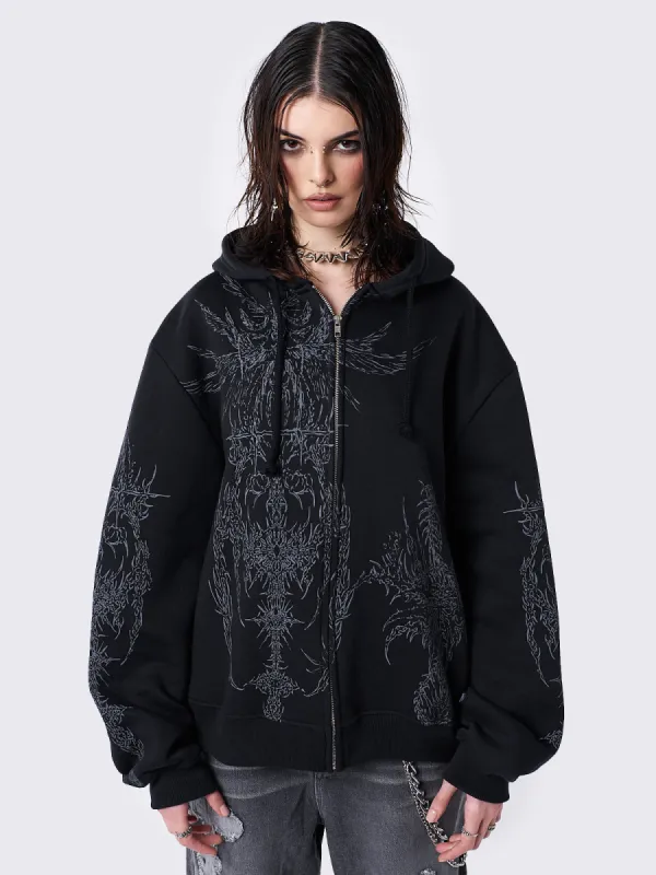 Enigmatic Black Zip Up Hoodie sold by Minga London