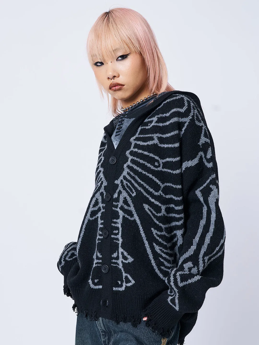 X-Ray Jacquard Black Hooded Knit Cardigan sold by Minga London product image thumbnail 5