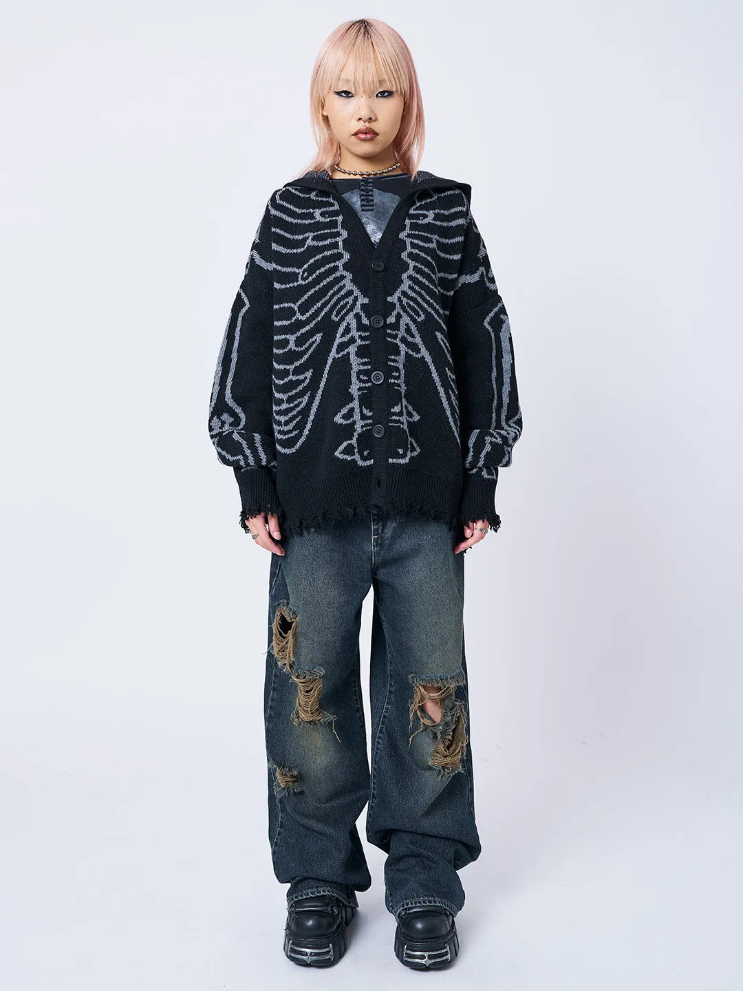X-Ray Jacquard Black Hooded Knit Cardigan sold by Minga London product image thumbnail 2