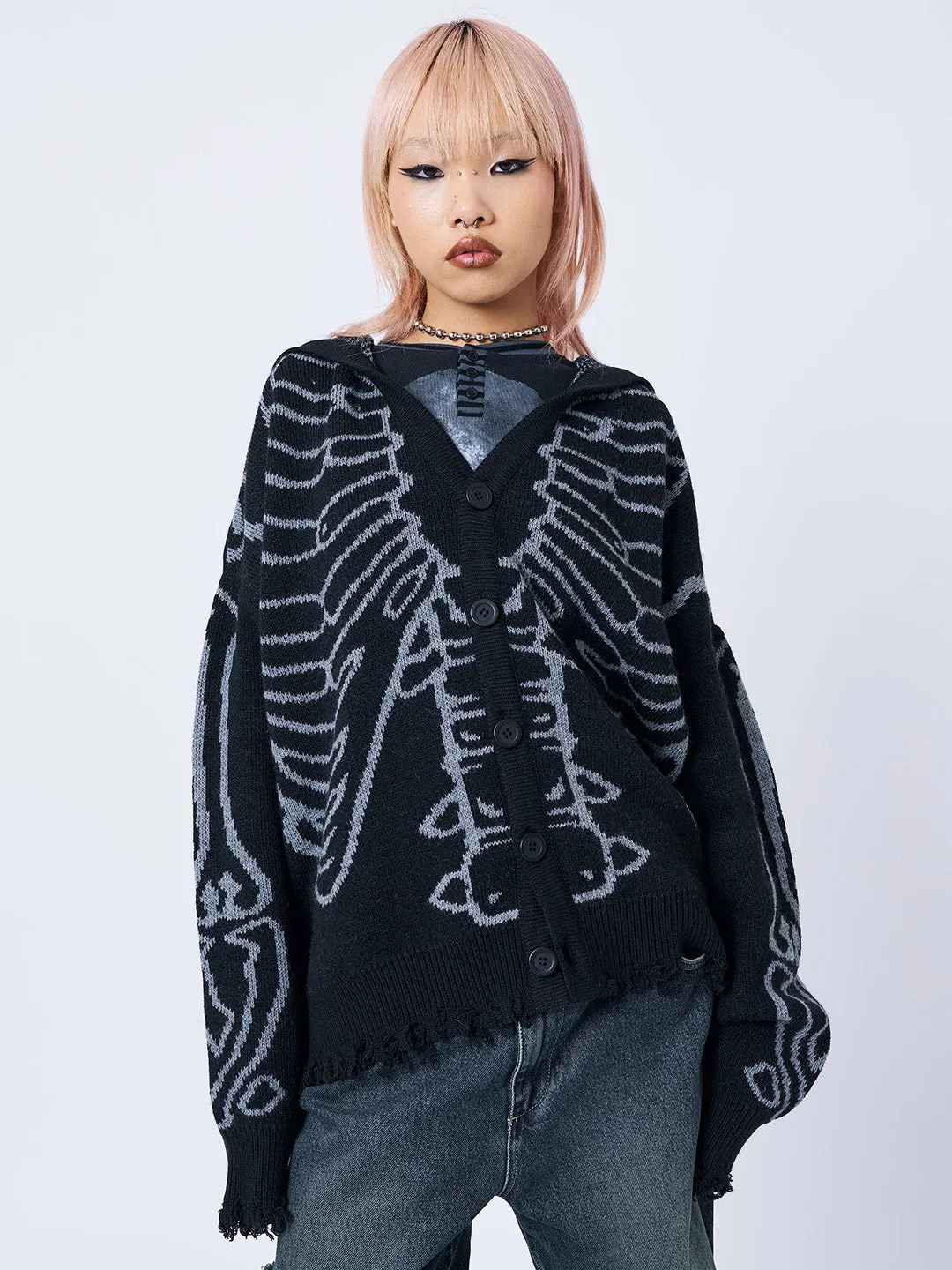 X-Ray Jacquard Black Hooded Knit Cardigan sold by Minga London product image thumbnail 3