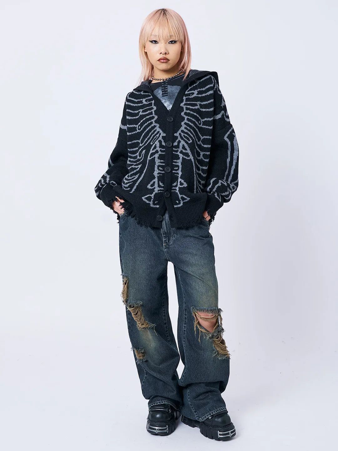 X-Ray Jacquard Black Hooded Knit Cardigan sold by Minga London product image thumbnail 4