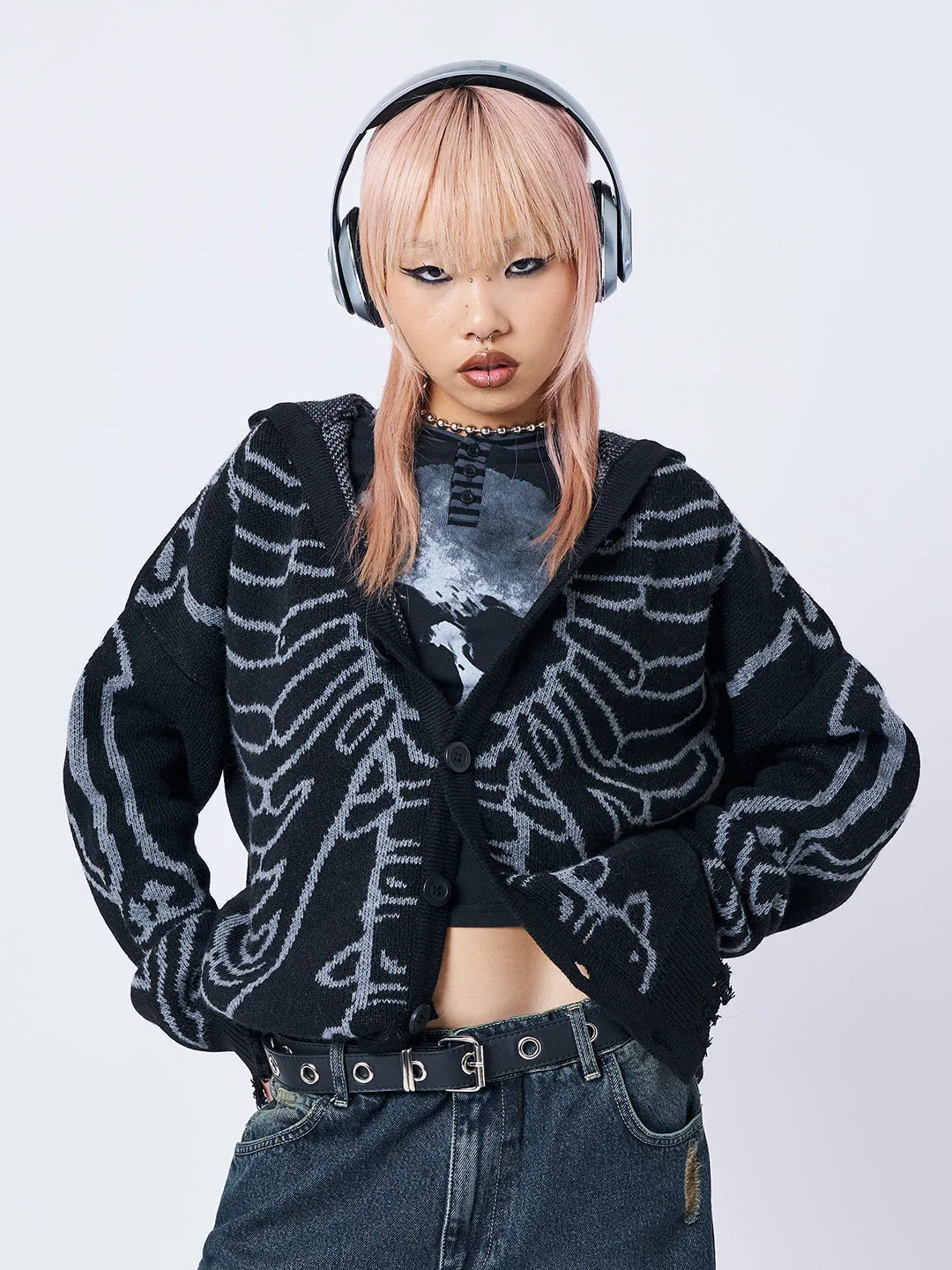 X-Ray Jacquard Black Hooded Knit Cardigan sold by Minga London