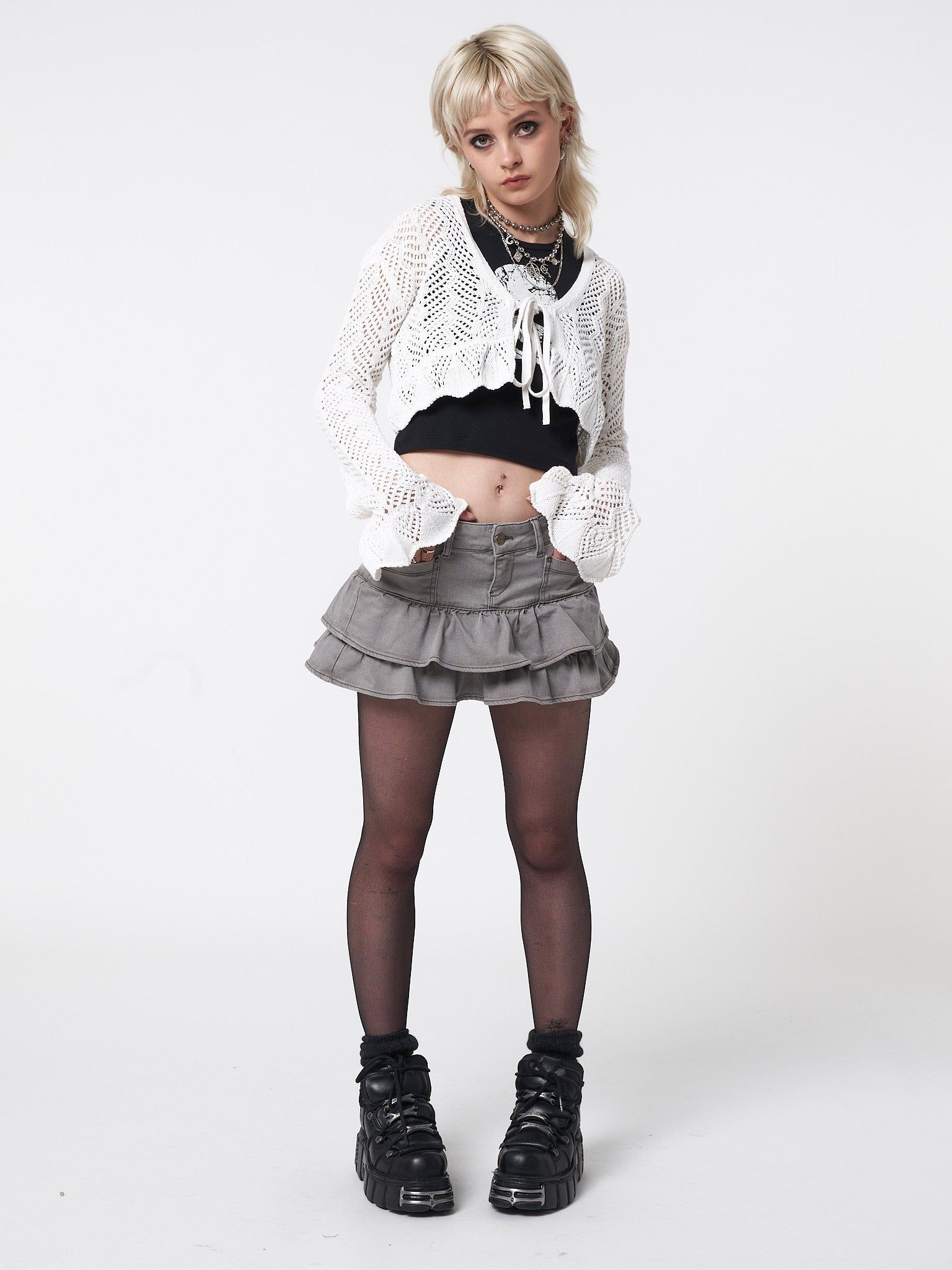 Elsie Tie Front Frill Crochet Crop Cardigan sold by Minga London product image thumbnail 2