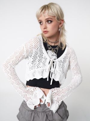Elsie Tie Front Frill Crochet Crop Cardigan sold by Minga London