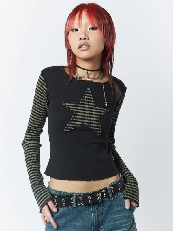 Lost Star Green Black Striped Long Sleeve Top sold by Minga London