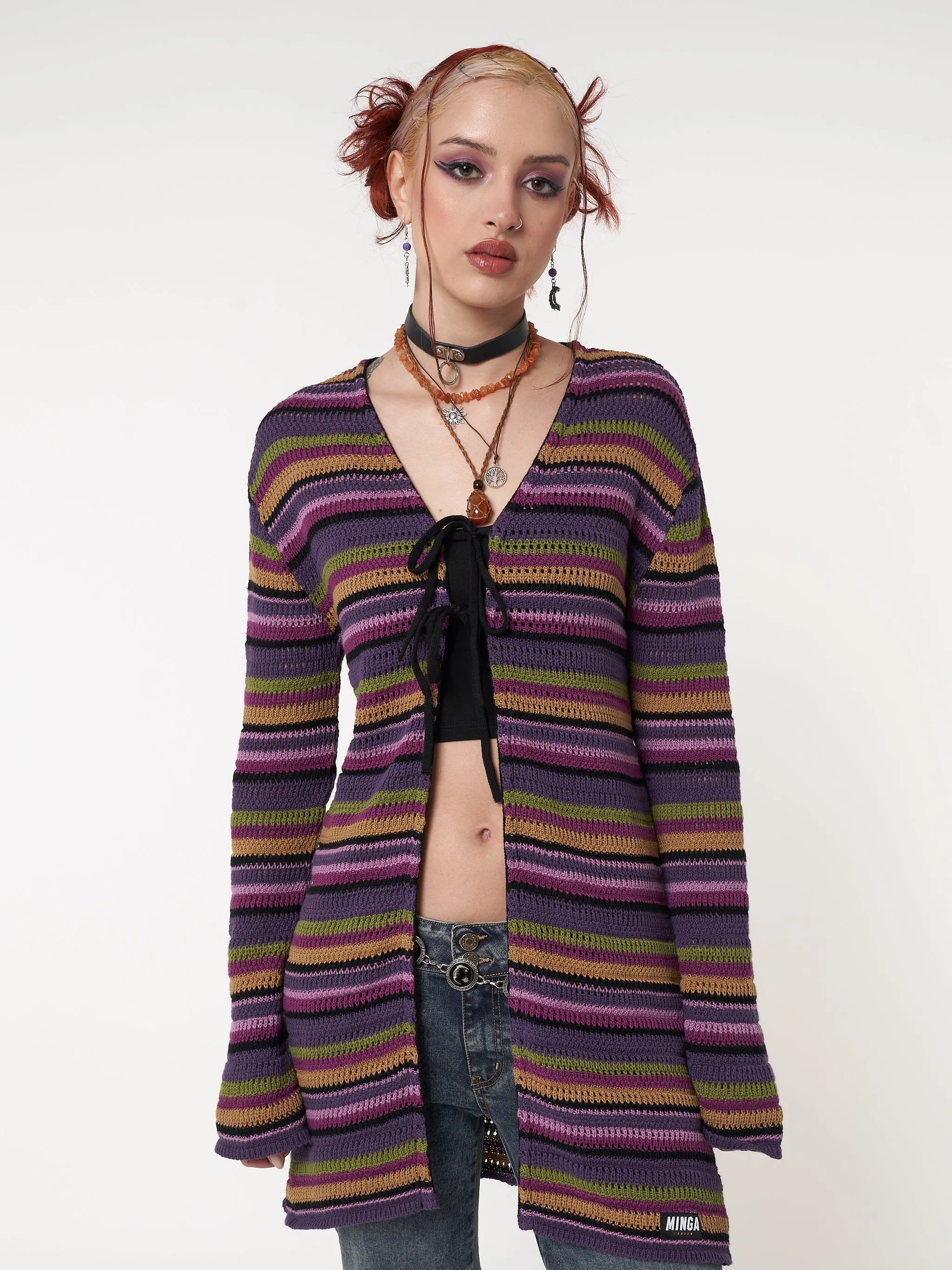 Luna Striped Tie Front Knit Cardigan sold by Minga London