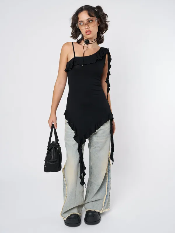 Ebony Black Asymmetric Frill Top sold by Minga London