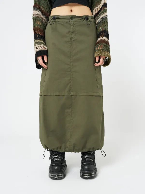 Ruby Khaki Maxi Cargo Skirt made by Minga London
