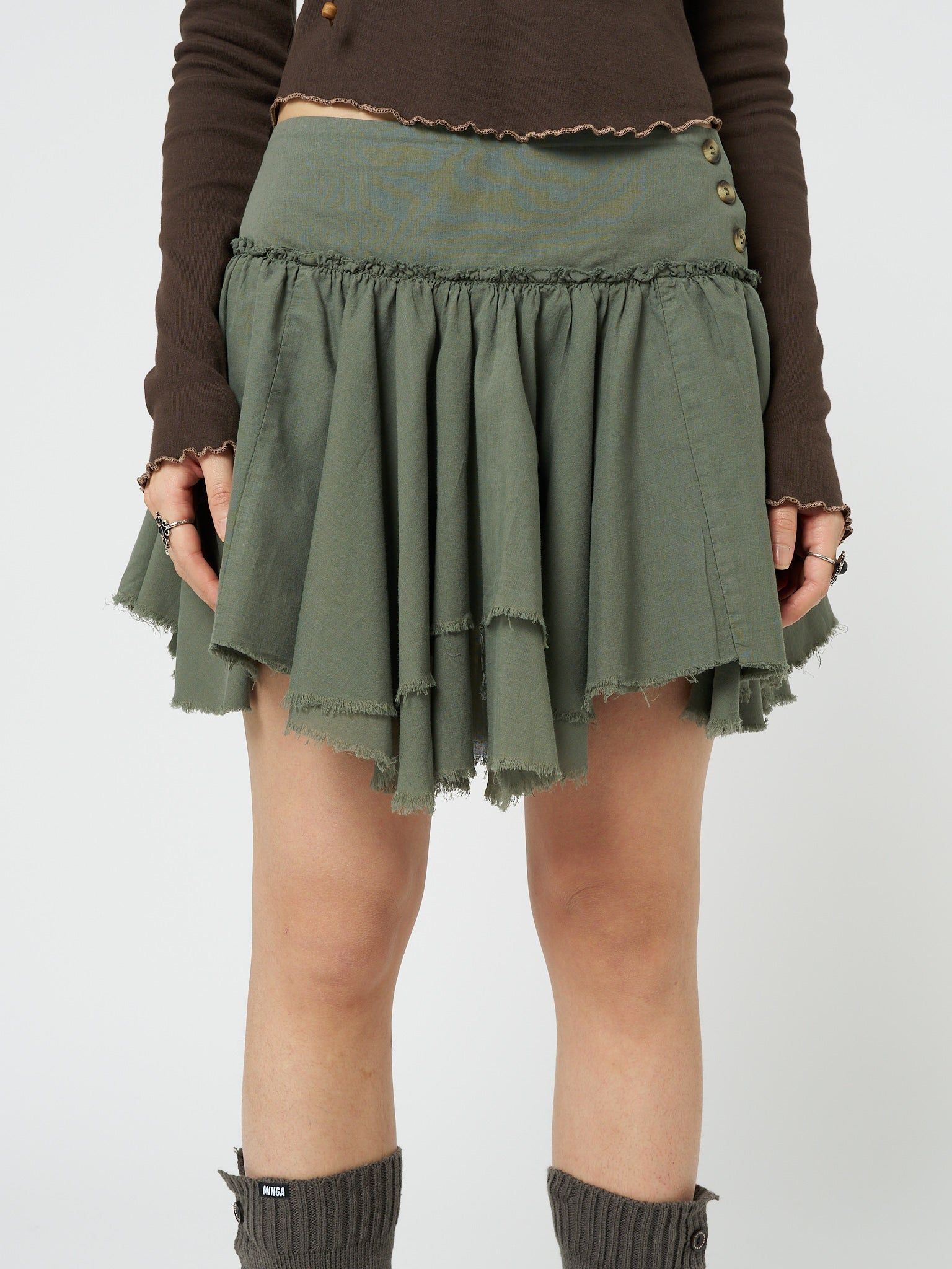 Flora Green Layered Asymmetrical Mini Skirt sold by Minga London