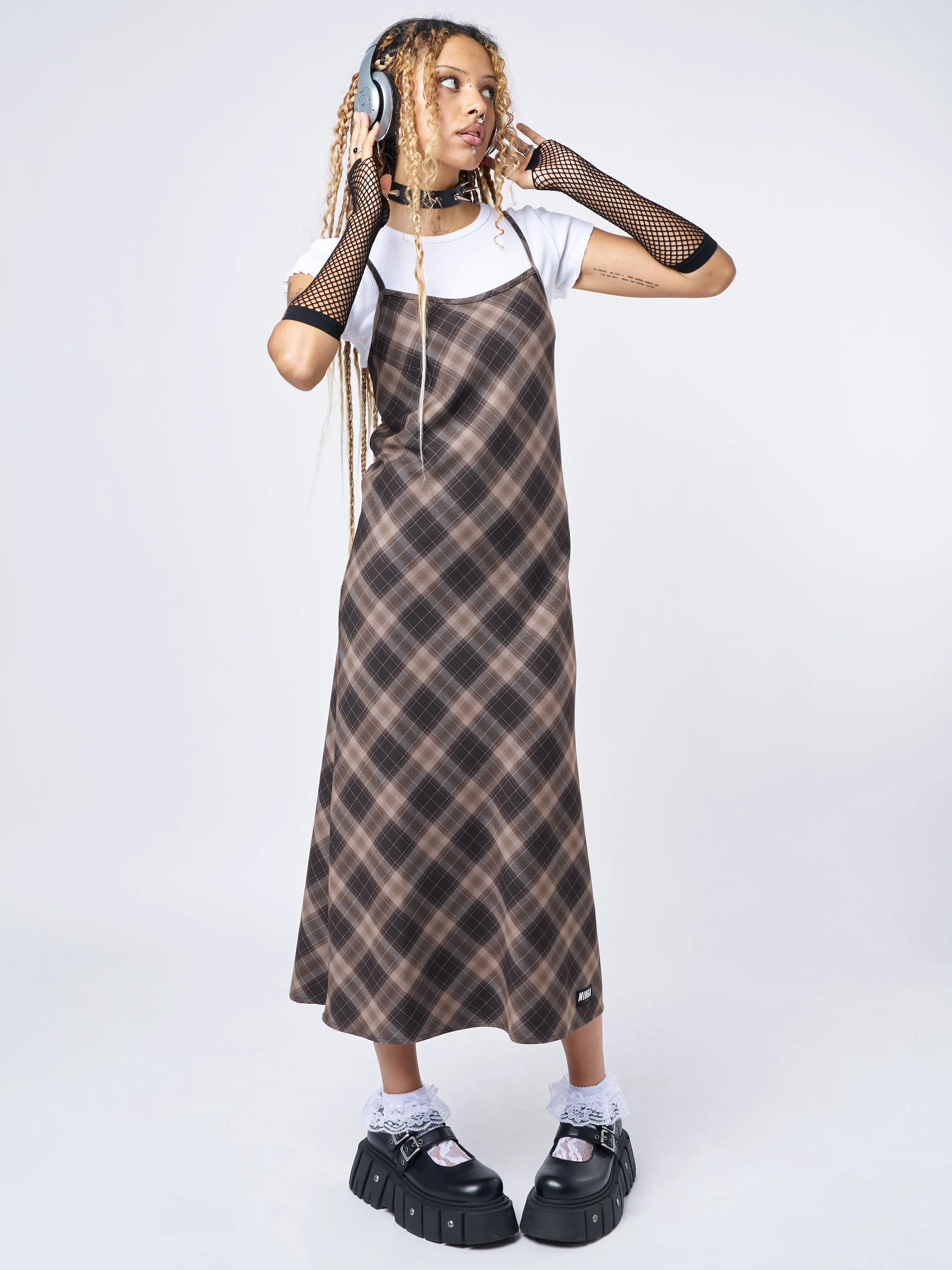 Delia Brown Plaid Maxi Dress sold by Minga London