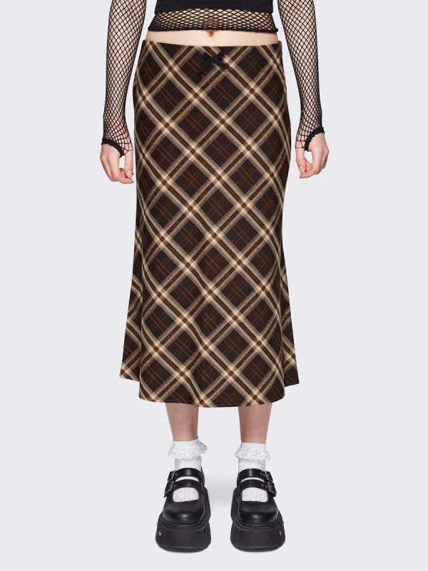 Prim Plaid Midi Skirt sold by Minga London
