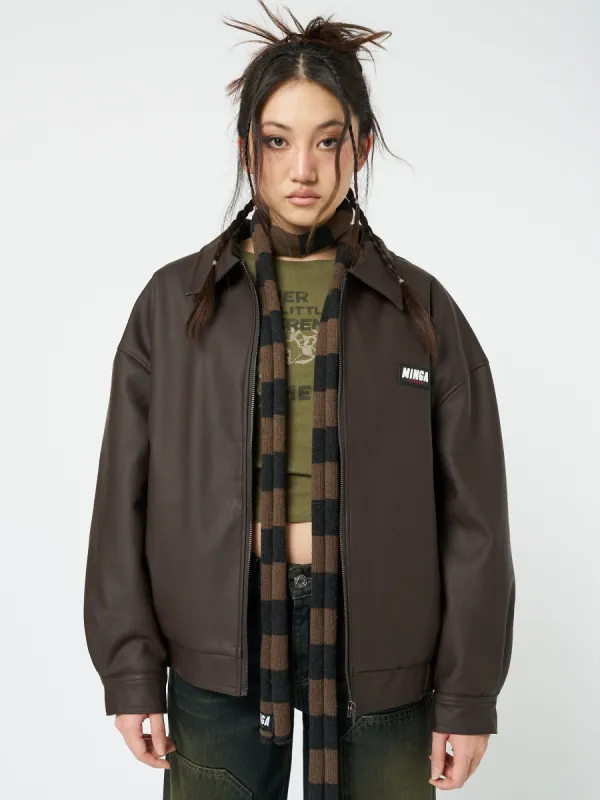 Nora Vegan Leather Bomber Jacket in Brown sold by Minga London