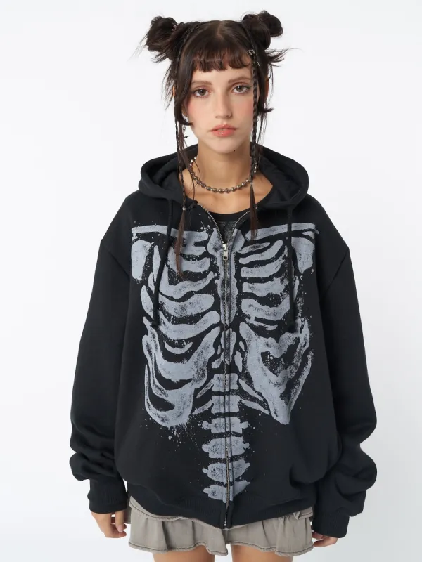 Skeleton Black Zip Up Hoodie sold by Minga London