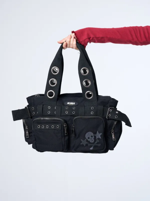 Sky of Skulls Black Multi Pockets Handbag made by Minga London