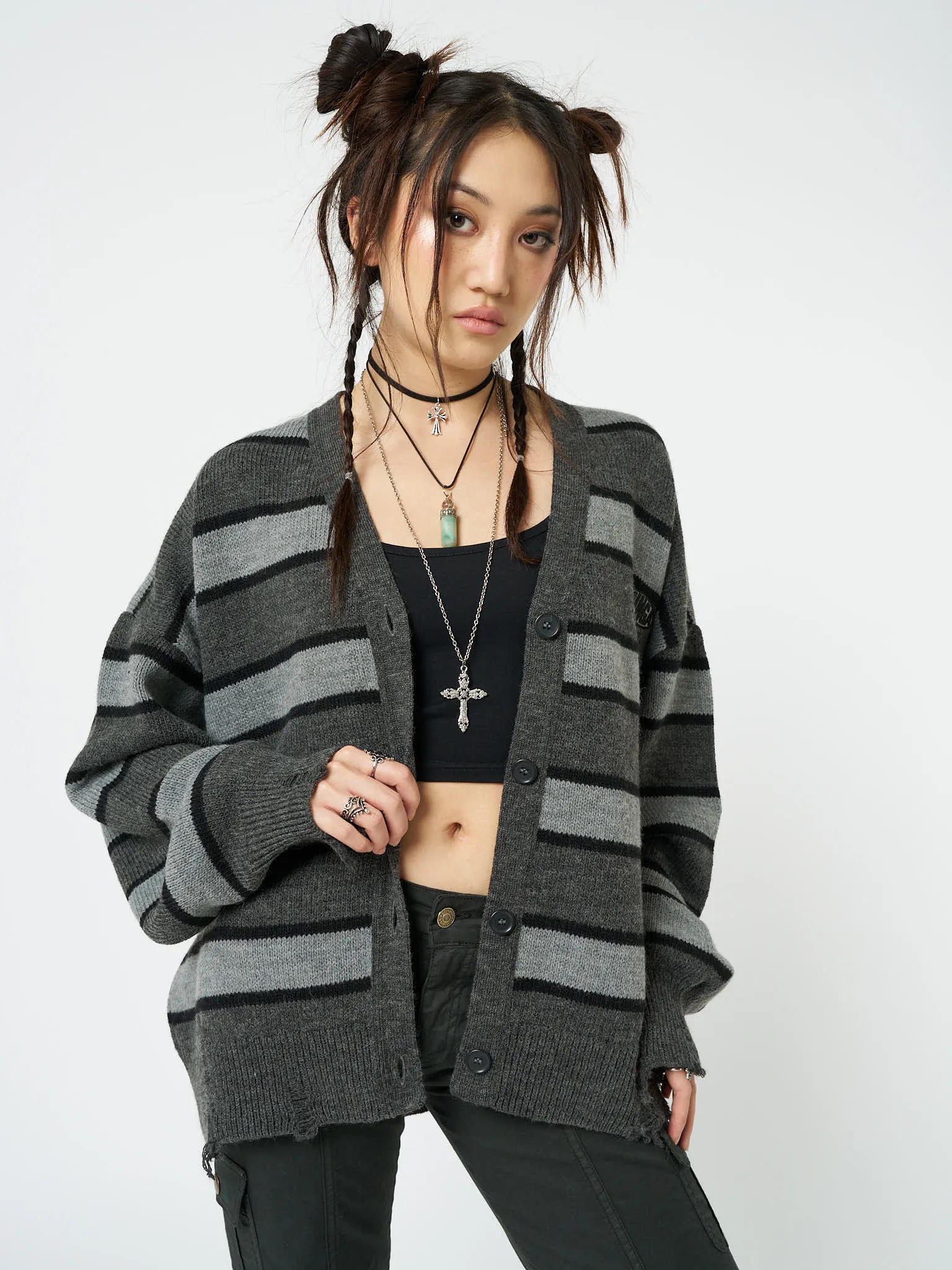 Neesa Grey & Black Stripe Knit Cardigan sold by Minga London product image thumbnail 5