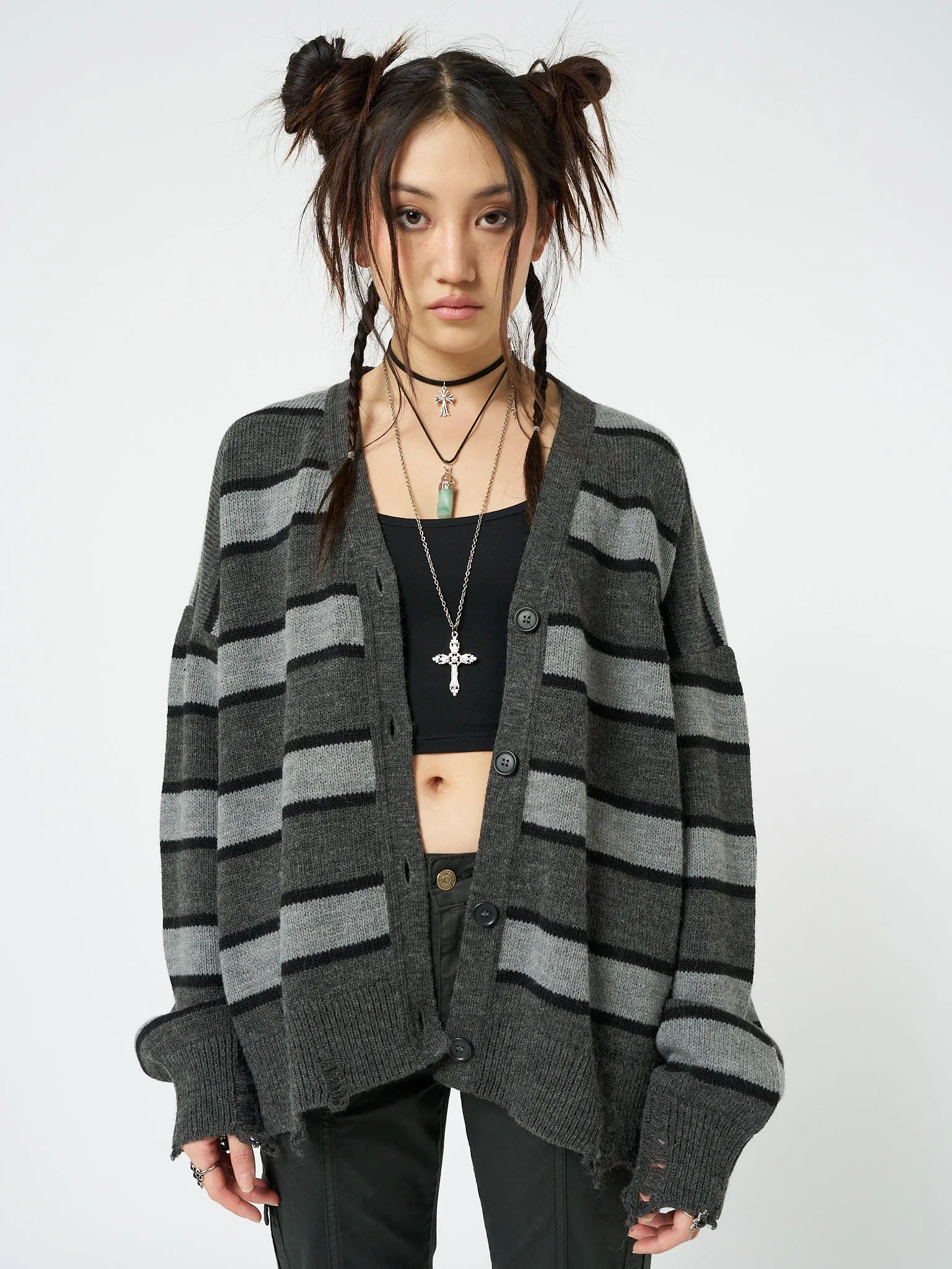 Neesa Grey & Black Stripe Knit Cardigan sold by Minga London