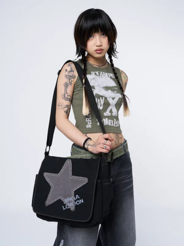 Super Star Black Canvas Messenger Bag sold by Minga London