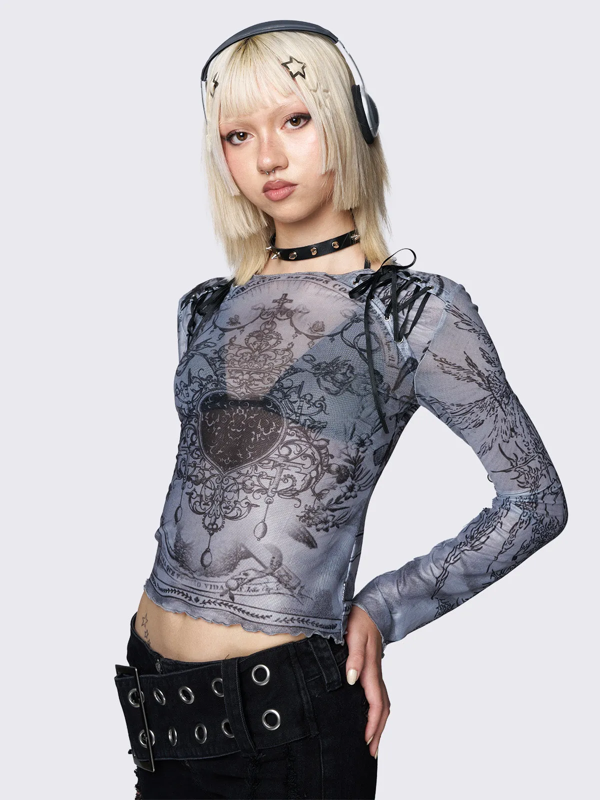 Willa Grey Lace Up Mesh Top sold by Minga London product image thumbnail 2