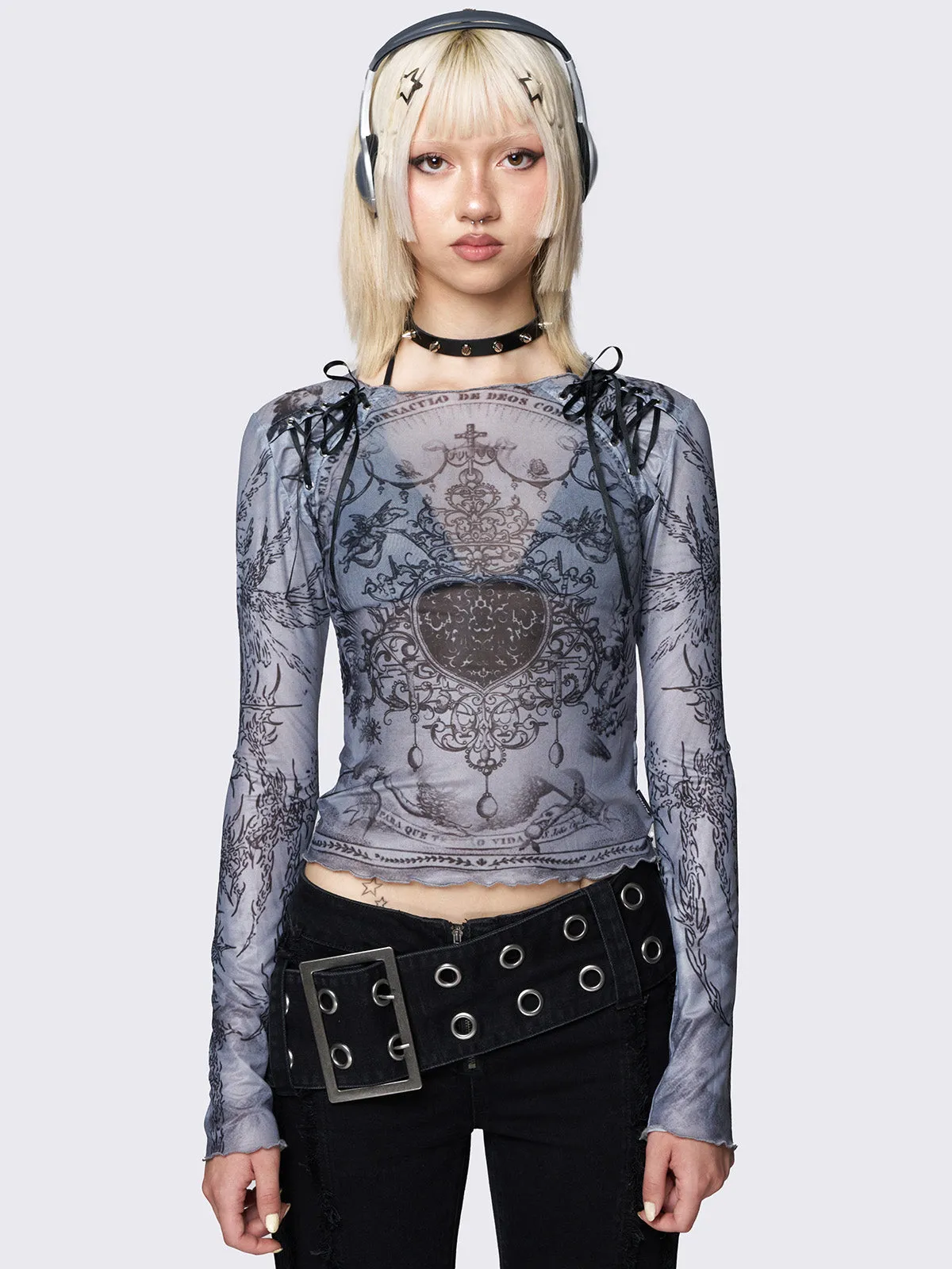 Willa Grey Lace Up Mesh Top sold by Minga London
