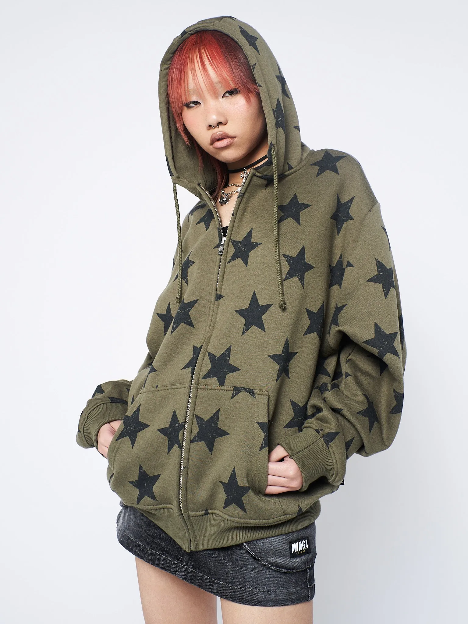 Star Print Green Oversized Zip Up Hoodie sold by Minga London product image thumbnail 2