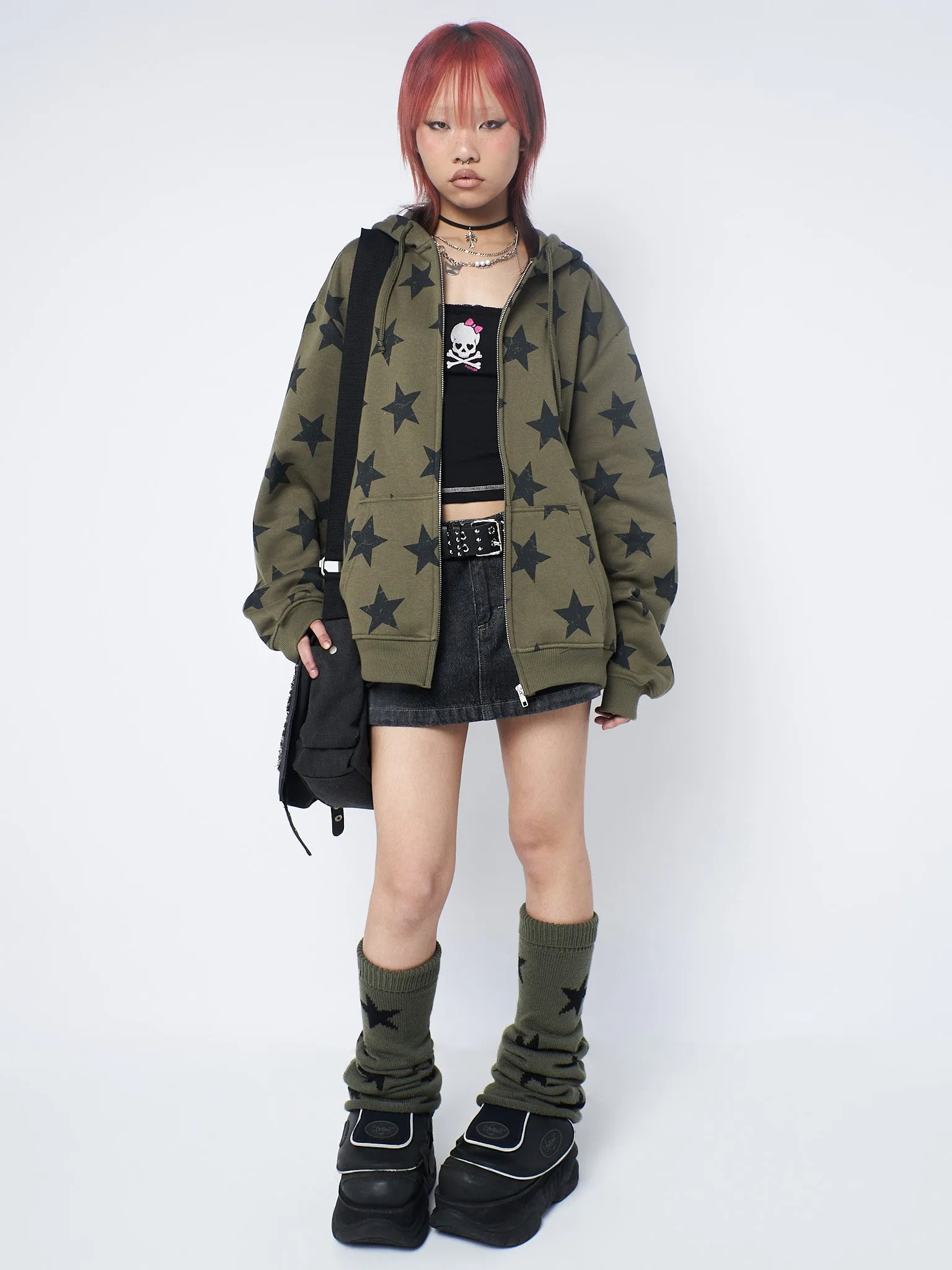 Star Print Green Oversized Zip Up Hoodie sold by Minga London product image thumbnail 3