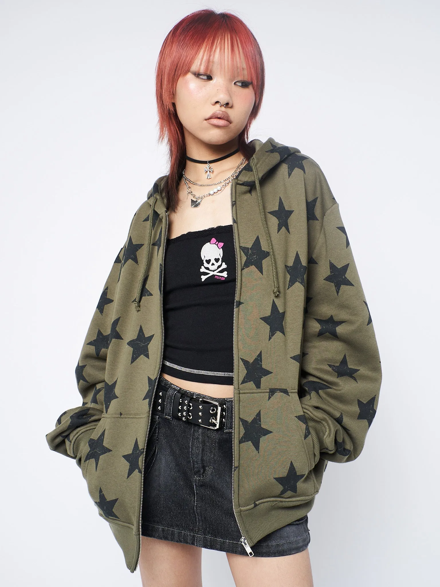 Star Print Green Oversized Zip Up Hoodie sold by Minga London product image thumbnail 4