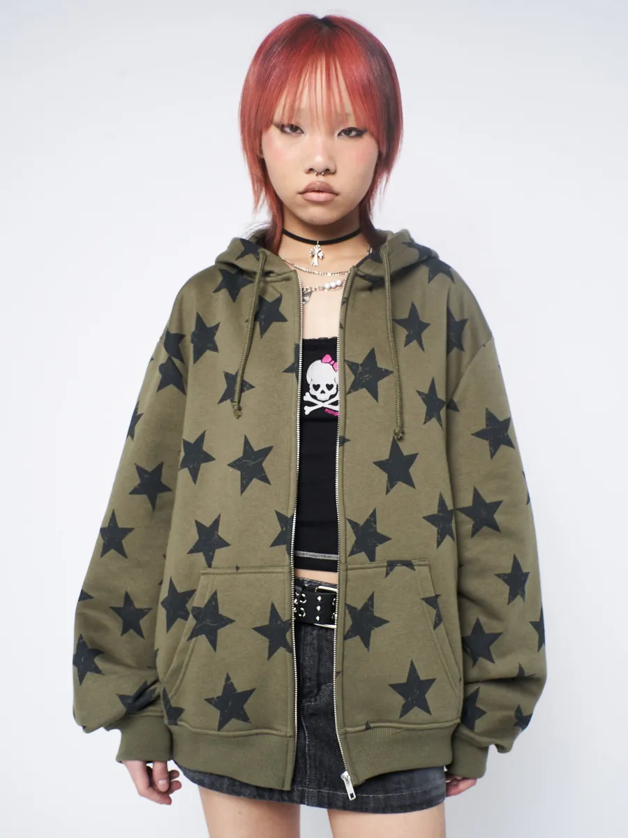 Star Print Green Oversized Zip Up Hoodie | Parallel