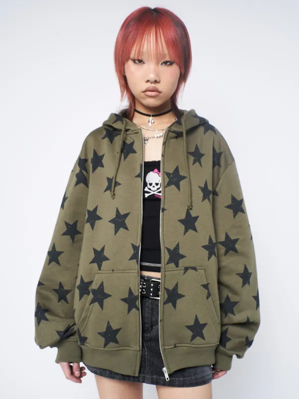 Star Print Green Oversized Zip Up Hoodie sold by Minga London