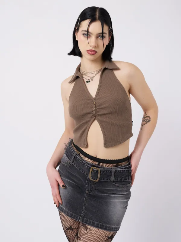 Raya Taupe Halter Neck Collar Top sold by Minga London