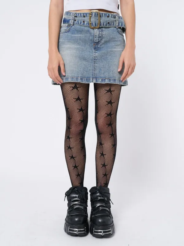 Alana Blue Denim Mini Skirt sold by Minga London