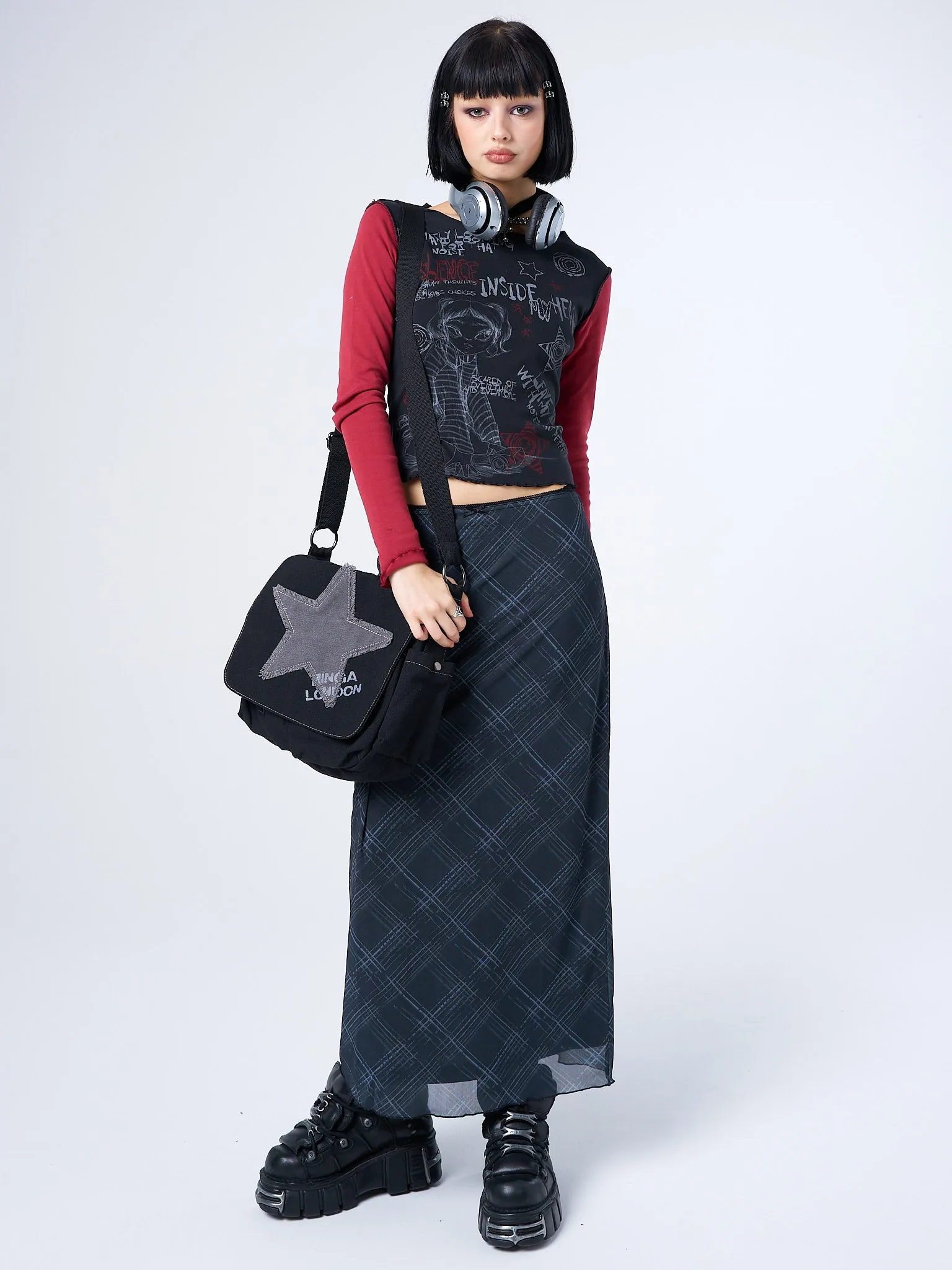 Erika Black Checked Mesh Maxi Skirt sold by Minga London product image thumbnail 4